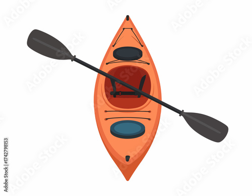 An overhead view of an orange kayak with a blue seat and black paddles on a white background