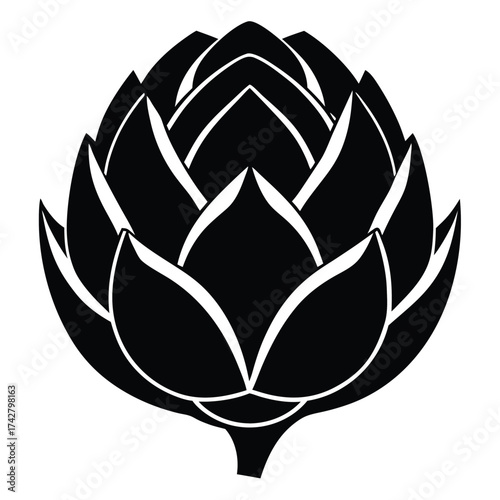 Monochrome illustration depicts an artichoke, showcasing its distinct leaf structure and unique botanical form