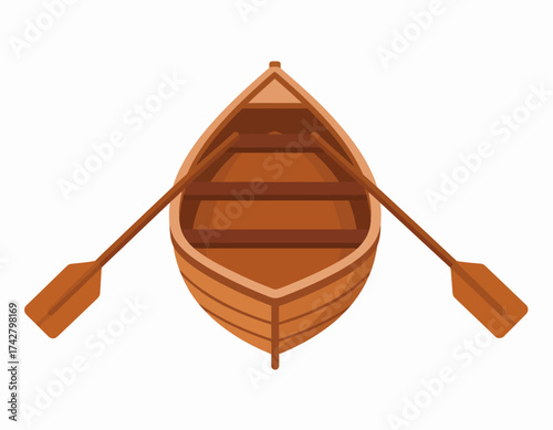 Illustration of a wooden rowboat with oars against a white background in a flat, graphic style.