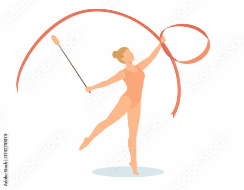 A female gymnast performs rhythmic gymnastics with a red ribbon and baton on a white background.