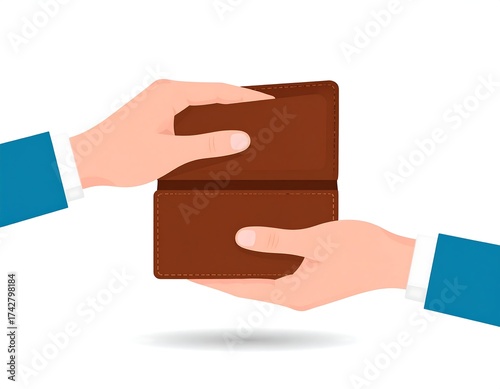 Illustration of two hands holding an open, brown wallet