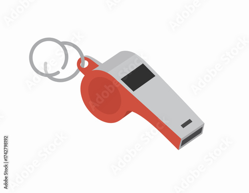 A silver and red whistle with a keychain on a plain white background, depicted in a simple graphic style.