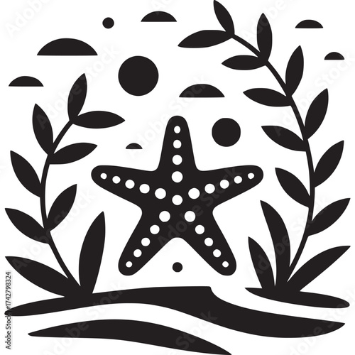 Vector art of black and white starfish and seaweed illustration