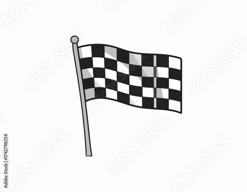 A checkered flag waves on a pole with a circular top against a white background