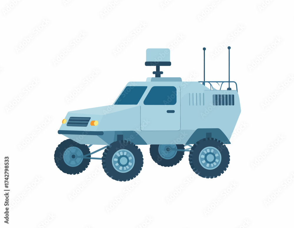 Obraz premium Light blue armored vehicle with large tires and surveillance equipment on top against a clean white background