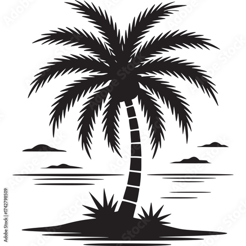 Vector art of silhouette of a palm tree on a small island