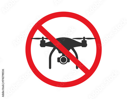 A red prohibition sign featuring a black drone with a camera is displayed on a white background