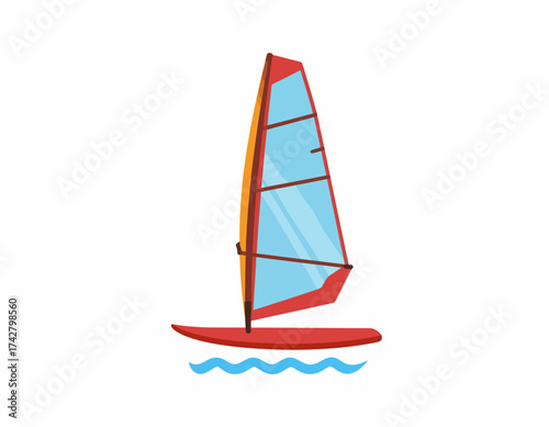 A colorful cartoon sailboat with a red hull and blue sail floats on wavy blue water against a white background