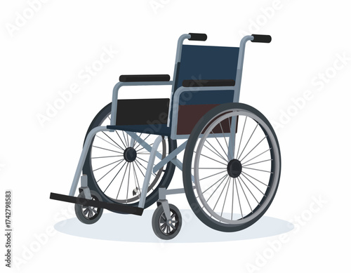 An illustration of a standard wheelchair with a blue seat and backrest on a white background