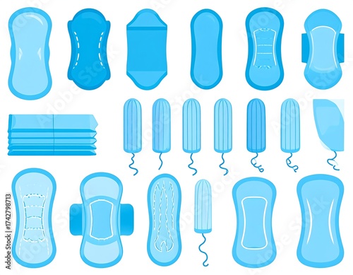 Illustration of various feminine hygiene product types