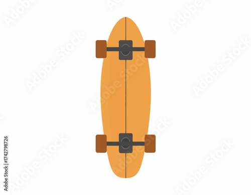 Overhead view of a yellow skateboard with brown wheels on a white background