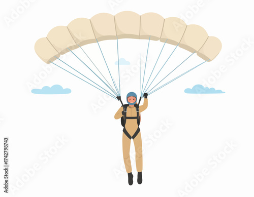 A person in a yellow jumpsuit and blue helmet descends with a parachute against a white background with blue clouds