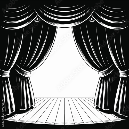 Dramatic stage curtains opening revealing spotlight and wooden floor vector illustration vector
