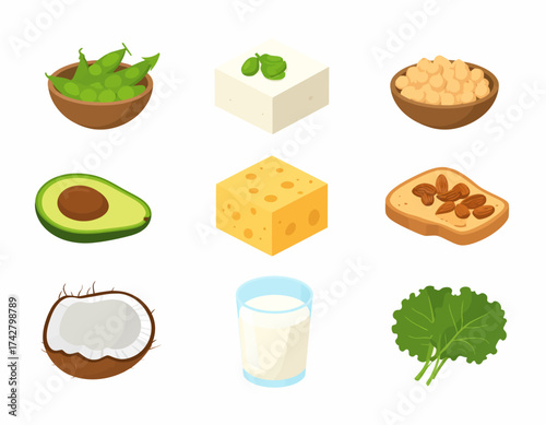 Flat lay illustration of various healthy food items including avocado, cheese, nuts, and milk on a white background