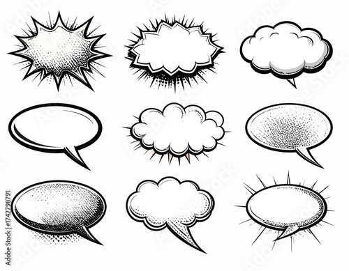 A collection of nine black and white comic book-style speech bubbles with various shapes and shading techniques on a clean white background