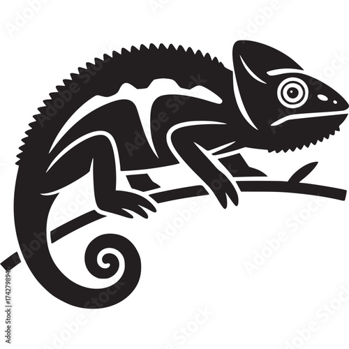 Vector art of black chameleon silhouette on a branch