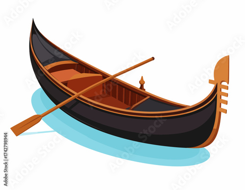 Illustration of a traditional Venetian gondola with a wooden oar on calm water against a white background.