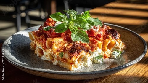 A delicious plate of baked paccheri pasta with fresh basil