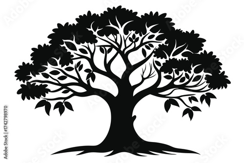 A black silhouette tree presents a stunning symmetrical canopy and sturdy roots system