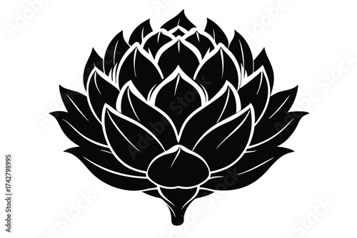 Monochrome artichoke reveals layered petal structure, presenting a floral element with detailed outlines