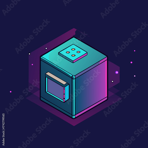 Isometric digital safe box with data particles in gradient background