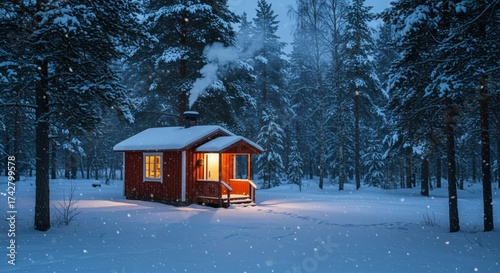 Cozy red cabin with smoke in snowy winter forest at twilight