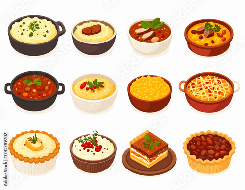 Flat lay illustration of various dishes and desserts on white background with colorful presentation.