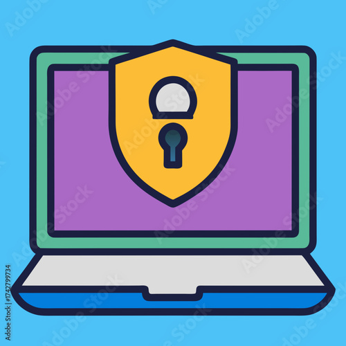 Laptop with shield and keyhole icon illustrating data protection