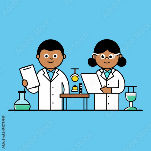 Two cartoon students in lab coats conducting a science experiment