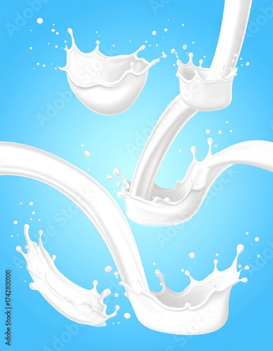 Illustration showing various milk splashes and pours against a light blue background