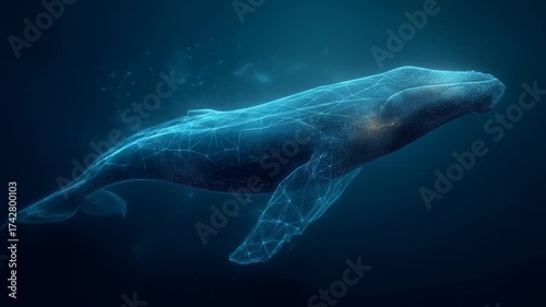 Futuristic digital whale swimming in deep blue ocean. Abstract glowing data network concept of marine technology and artificial intelligence.