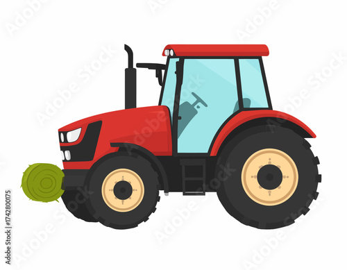 Illustration of a red tractor with a green ball attached to the front, set against a clean white background with a cartoonish style and vibrant color scheme.