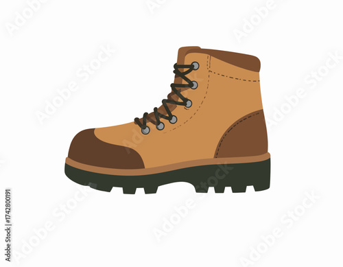 Illustration of a tan and brown hiking boot with black laces and sole on a white background.