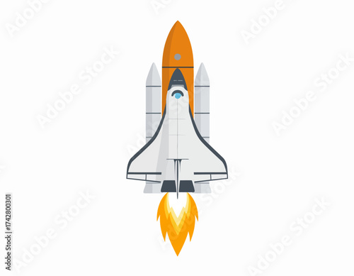 Illustration of a white and orange space shuttle launching with flames against a plain white background.
