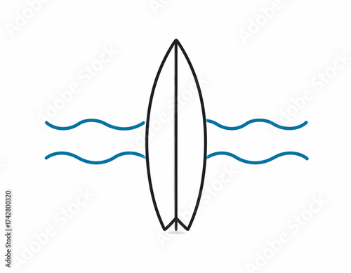 Line drawing of a surfboard with wavy blue lines on either side on a white background.