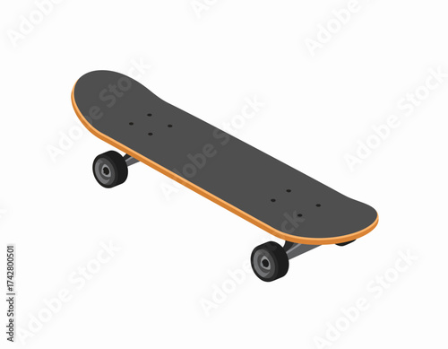 A black skateboard with orange trim and four wheels on a white background, positioned at an angle.