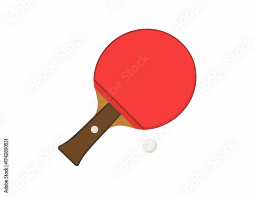Illustration of a red table tennis racket with a brown handle and a white ball on a plain white background.