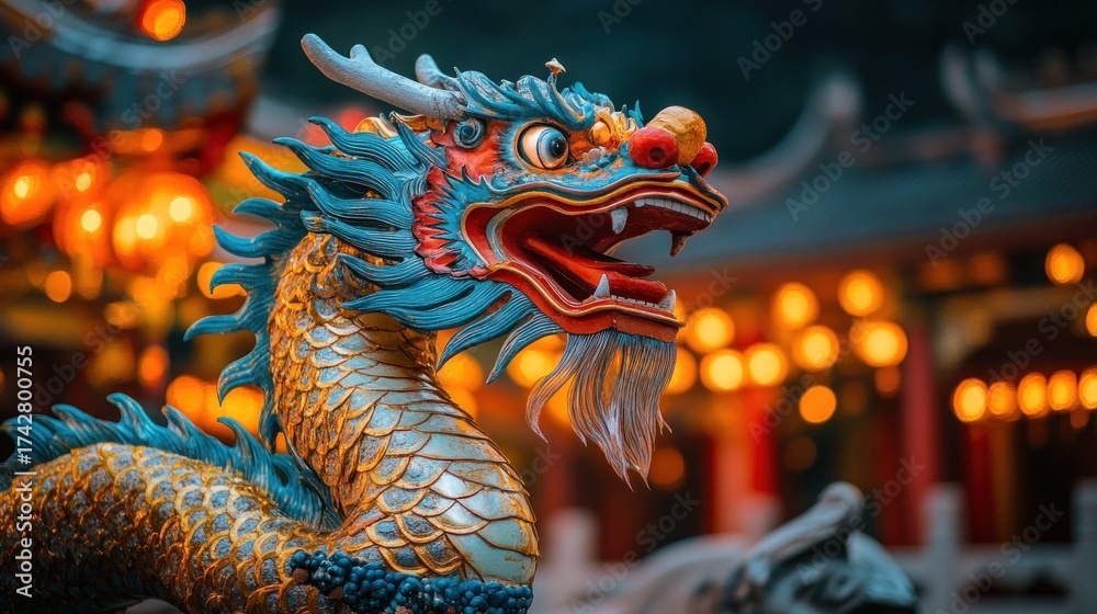 Fototapeta premium Ornate dragon head, temple setting