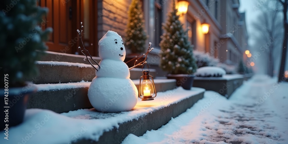 Obraz premium Modern Minimalist Snowman with Lantern on Townhouse Stoop
