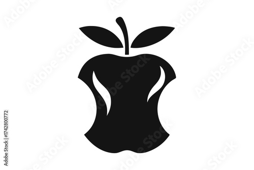 Black apple core silhouette with stem and leaves against a white background