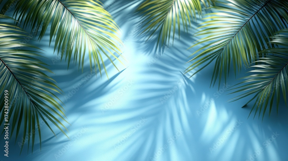 Fototapeta premium Palm leaves cast shadows on light blue backdrop