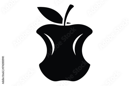 A black apple core silhouette shows remnant with a single leaf remaining on top