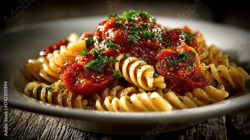 Close up of fusilli pasta with tomato sauce in a white bowl