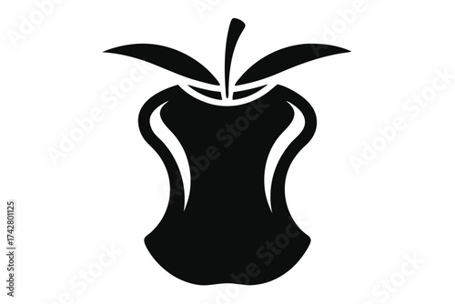 Monochrome apple core with stem and leaves shows consumption or waste in simple shape