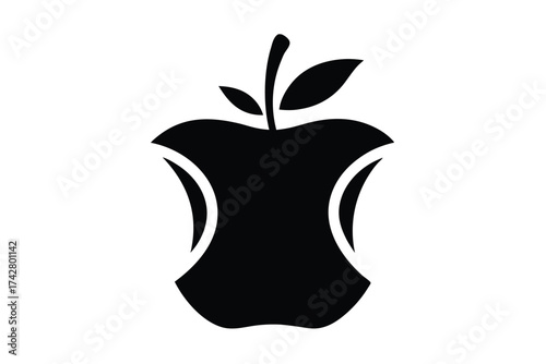 Simplified black apple core with stem and leaves remains isolated on white