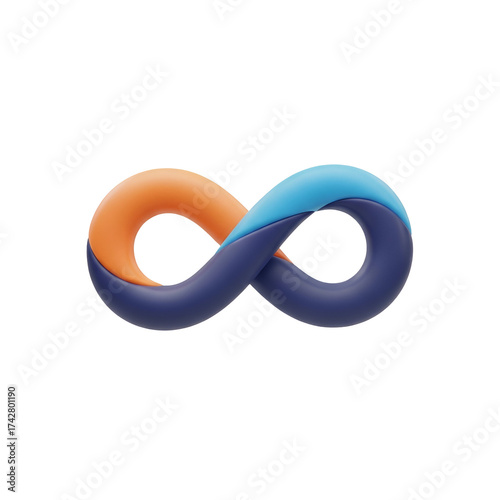 3d icon of a stylized infinity symbol formed by intertwined blue and orange curves, representing endless possibilities, continuity, and connection, isolated on a transparent background