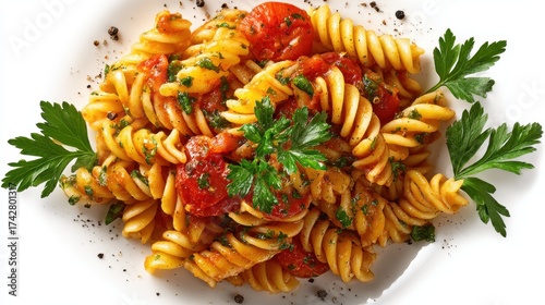 Close up photo of delicious fusilli pasta with tomatoes