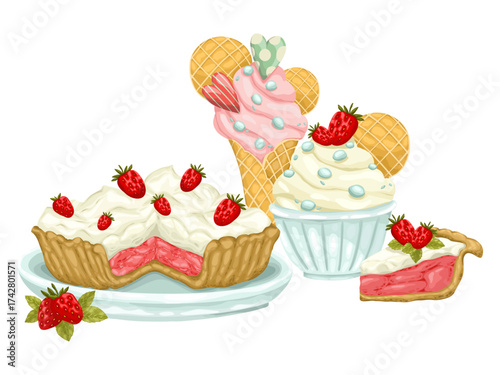 A delightful vector composition of hand-drawn desserts. The image features a strawberry tart, strawberry tart slice, strawberry ice cream cones, and lemon desserts