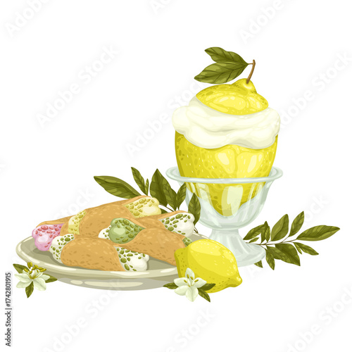 A delightful hand-drawn vector illustration of Italian lemon ice cream,lemon tarta and canolli deserts. This dessert features a whole lemon hollowed out and filled with creamy lemon gelato