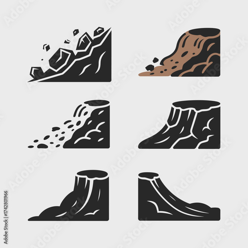 Set of six minimalist vector icons illustrating various landslide and rockfall scenarios vector